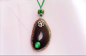 Green Agate Slice Pendant with Four Leaf Clover