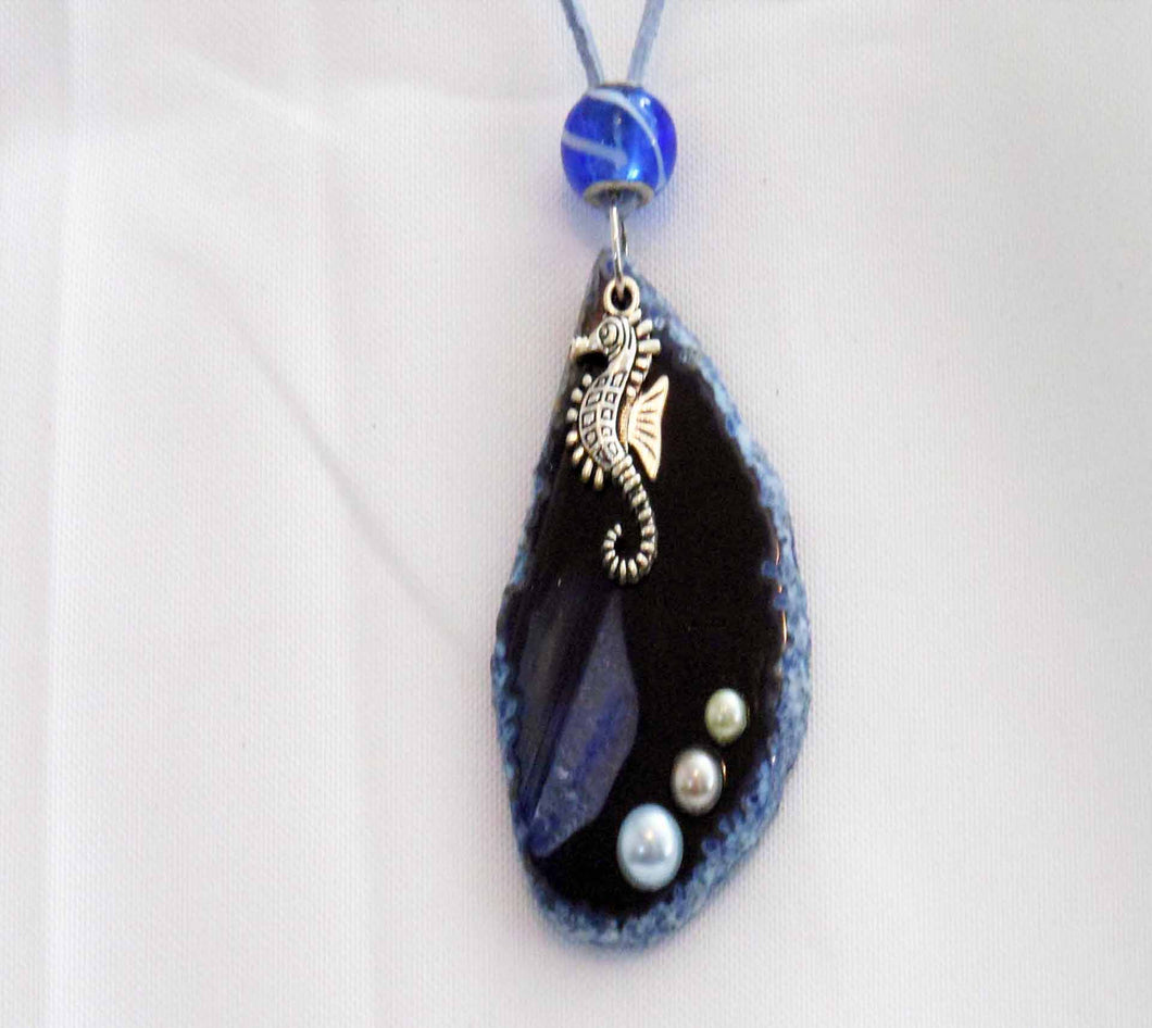 Seahorse on Blue Agate Slice Pendant